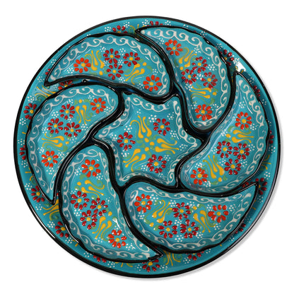 Turquoise Turkish floral ceramic snack serving tray set, 8-piece handmade platter with red and yellow floral motifs, artisan appetizer dish set