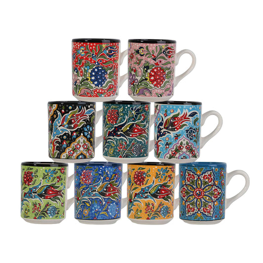 Set of colorful mugs with floral and abstract designs on a white background