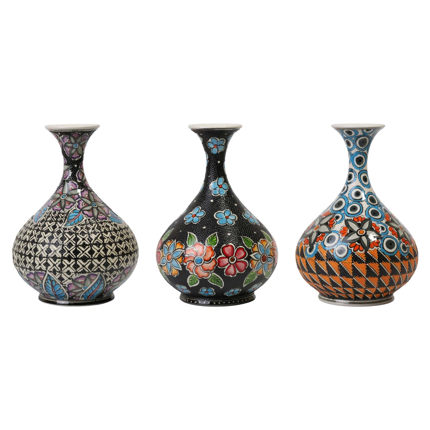 Three decorative vases with intricate patterns on a white background