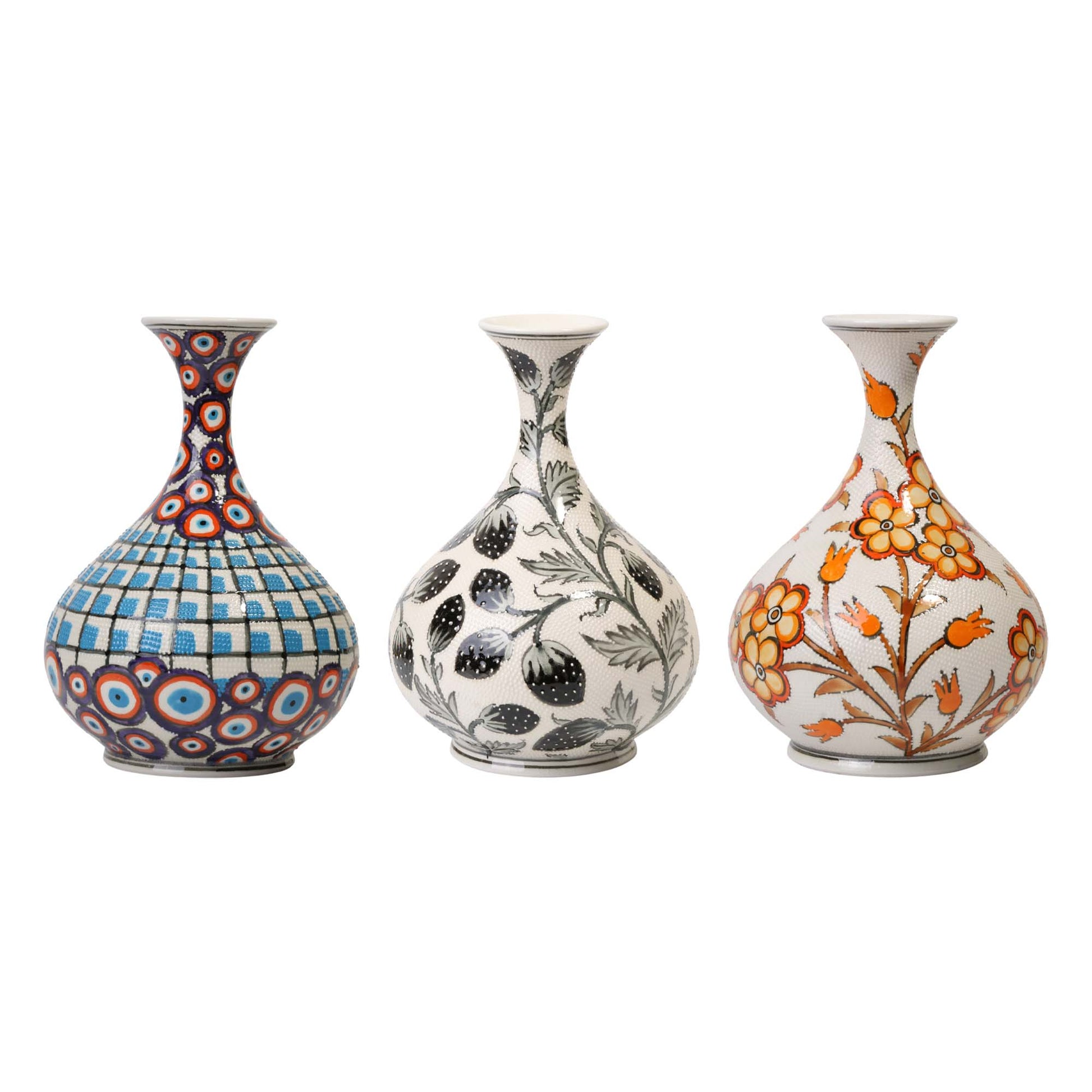 Three decorative vases with unique patterns on a white background