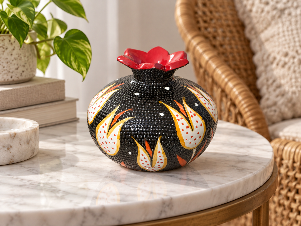 Ceramic Pomegranate Vase, 4 Inch Textured Decorative Ornament