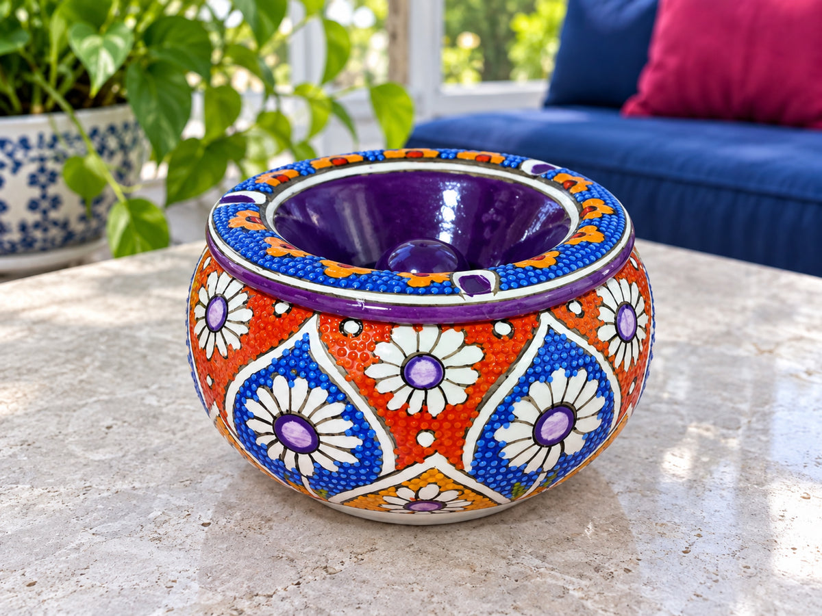 Handmade Ceramic Ashtray with Lid, 5 Inch Hand Painted Floral Outdoor Ashtray