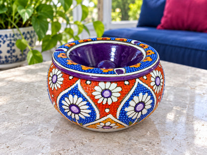 Handmade Ceramic Ashtray with Lid, 5 Inch Hand Painted Floral Outdoor Ashtray