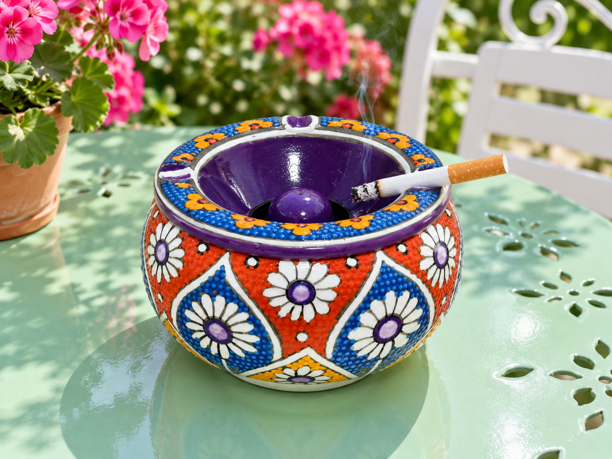 Handmade Ceramic Ashtray with Lid, 5 Inch Hand Painted Floral Outdoor Ashtray