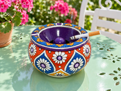 Handmade Ceramic Ashtray with Lid, 5 Inch Hand Painted Floral Outdoor Ashtray