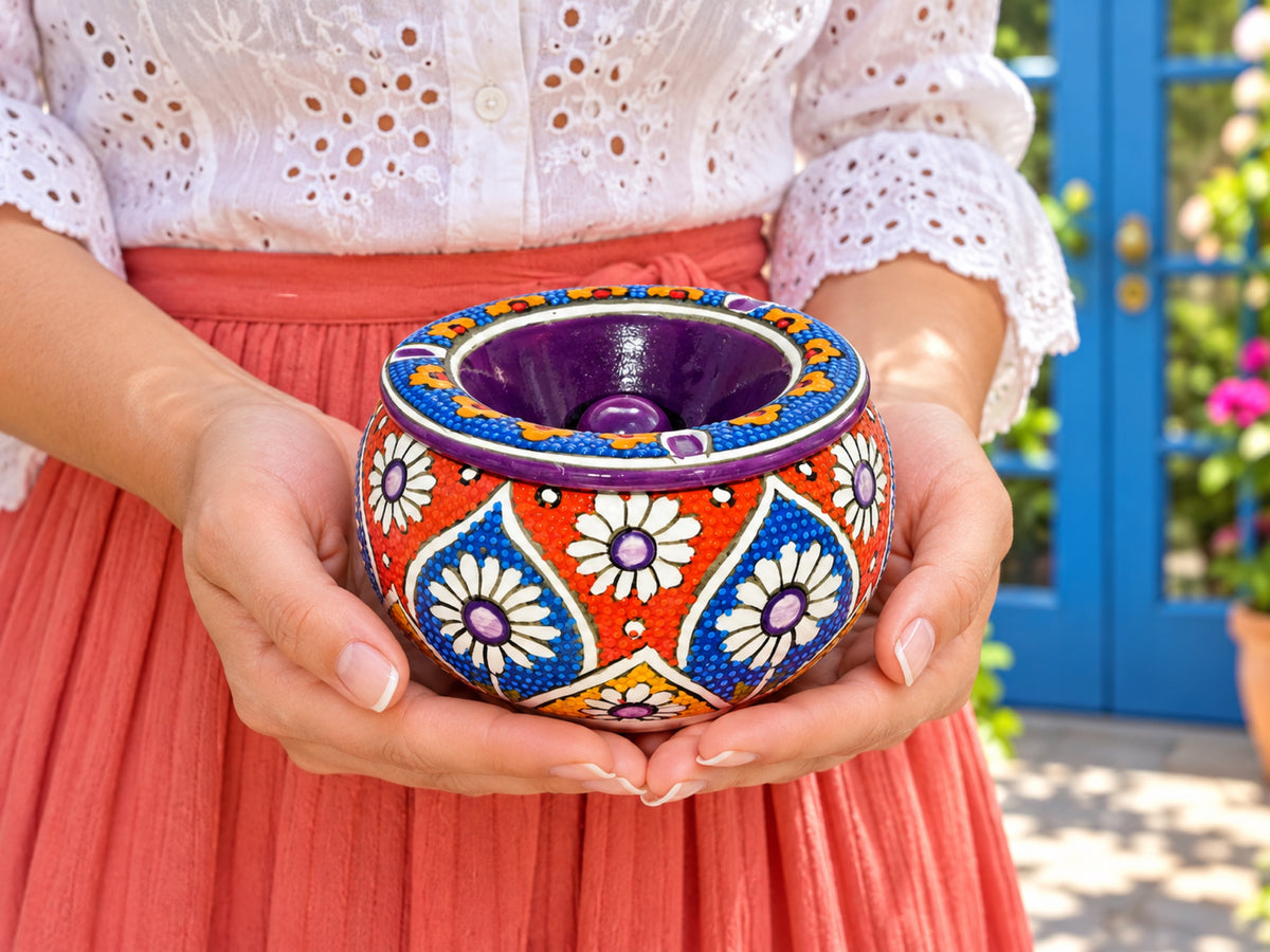 Handmade Ceramic Ashtray with Lid, 5 Inch Hand Painted Floral Outdoor Ashtray