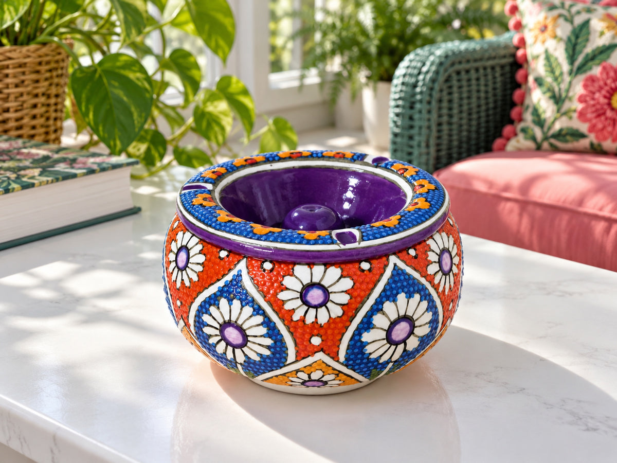 Handmade Ceramic Ashtray with Lid, 5 Inch Hand Painted Floral Outdoor Ashtray