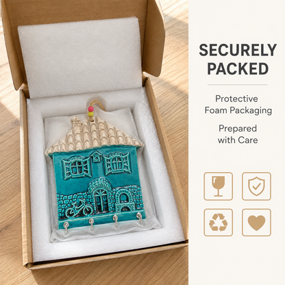 Handmade ceramic key holder securely packed for international delivery