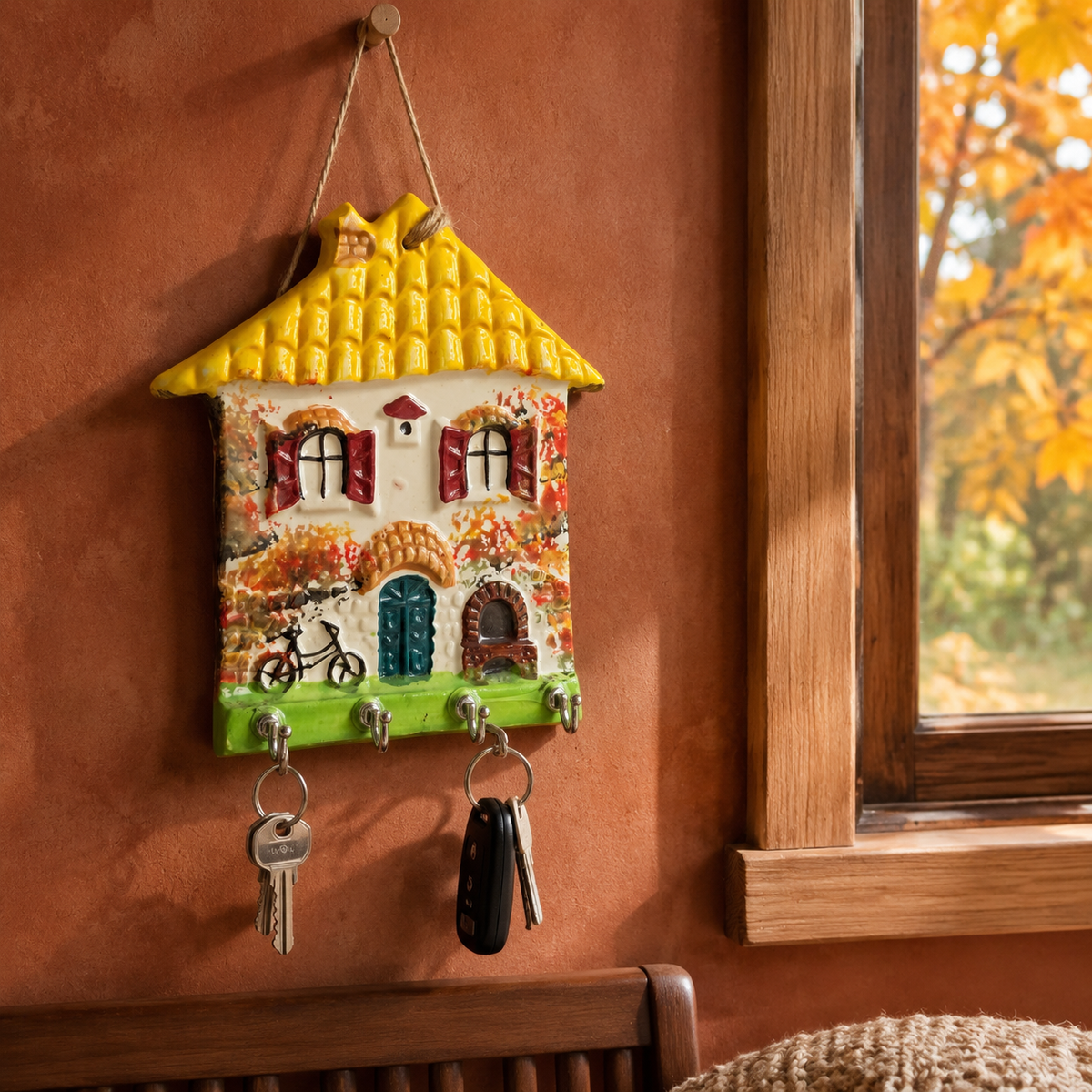Sunshine yellow roof hand-painted ceramic key holder in an autumn home