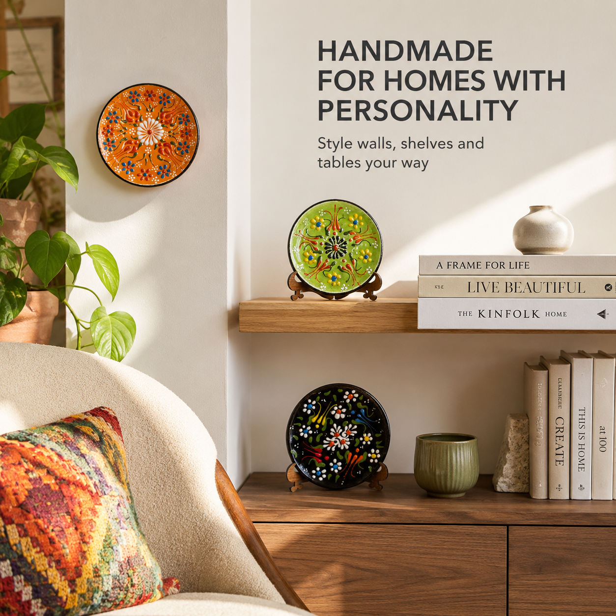 Decorative Ceramic Plate with Stand, 3" Handmade Ceramic Platter (8 cm) Decorative Dish, Home Decor
