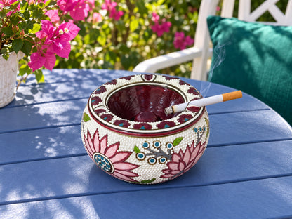 Handmade Ceramic Ashtray with Lid, 5 Inch Hand Painted Floral Outdoor Ashtray