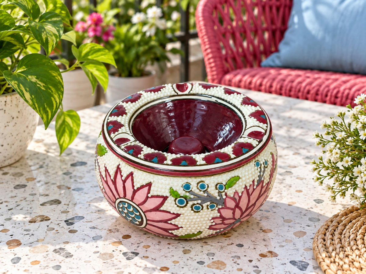 Handmade Ceramic Ashtray with Lid, 5 Inch Hand Painted Floral Outdoor Ashtray
