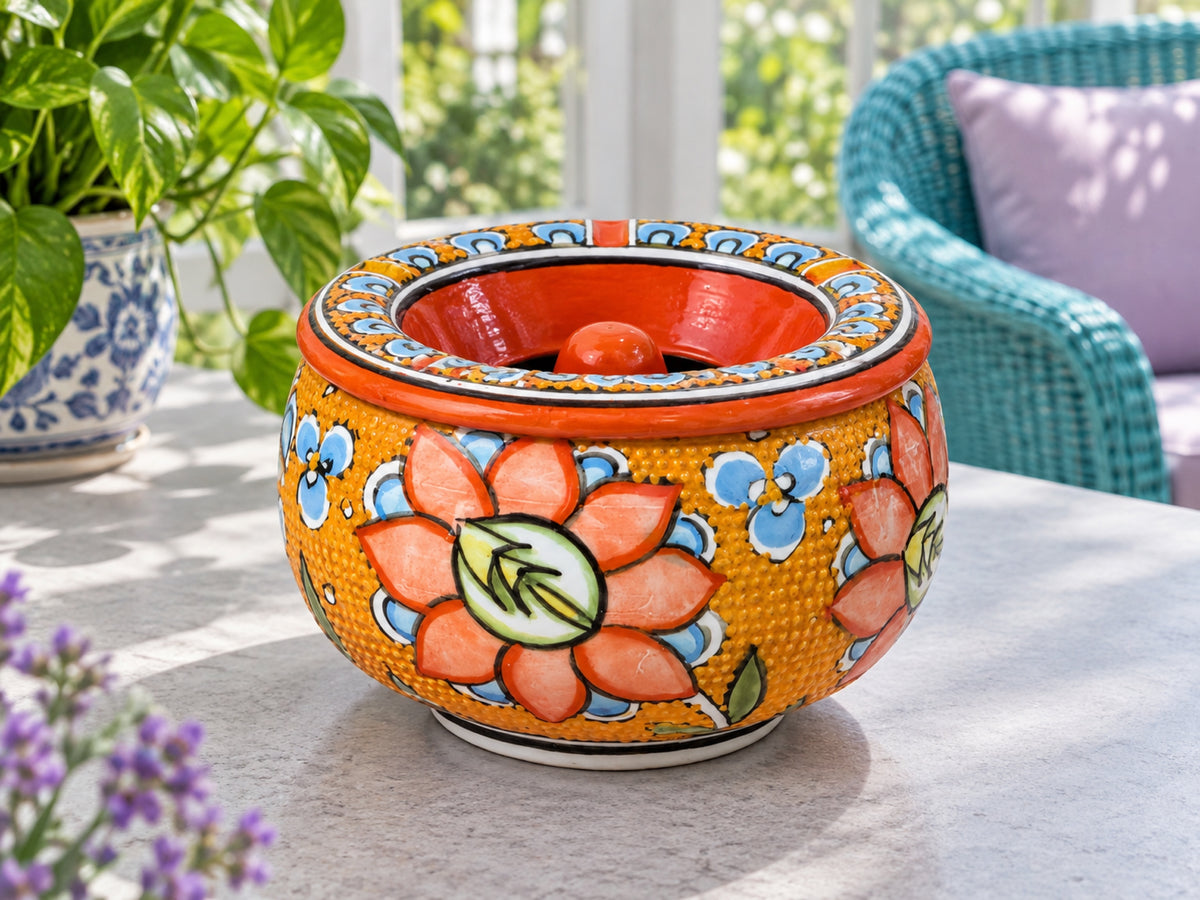 Handmade Ceramic Ashtray with Lid, 5 Inch Hand Painted Floral Outdoor Ashtray