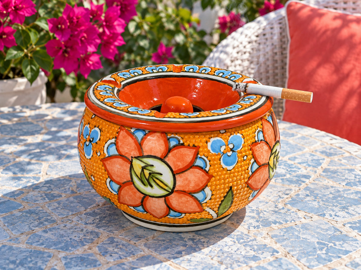 Handmade Ceramic Ashtray with Lid, 5 Inch Hand Painted Floral Outdoor Ashtray