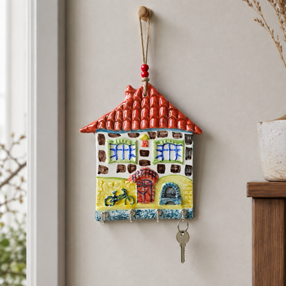 Rustic brown roof handmade ceramic key holder with autumn decor