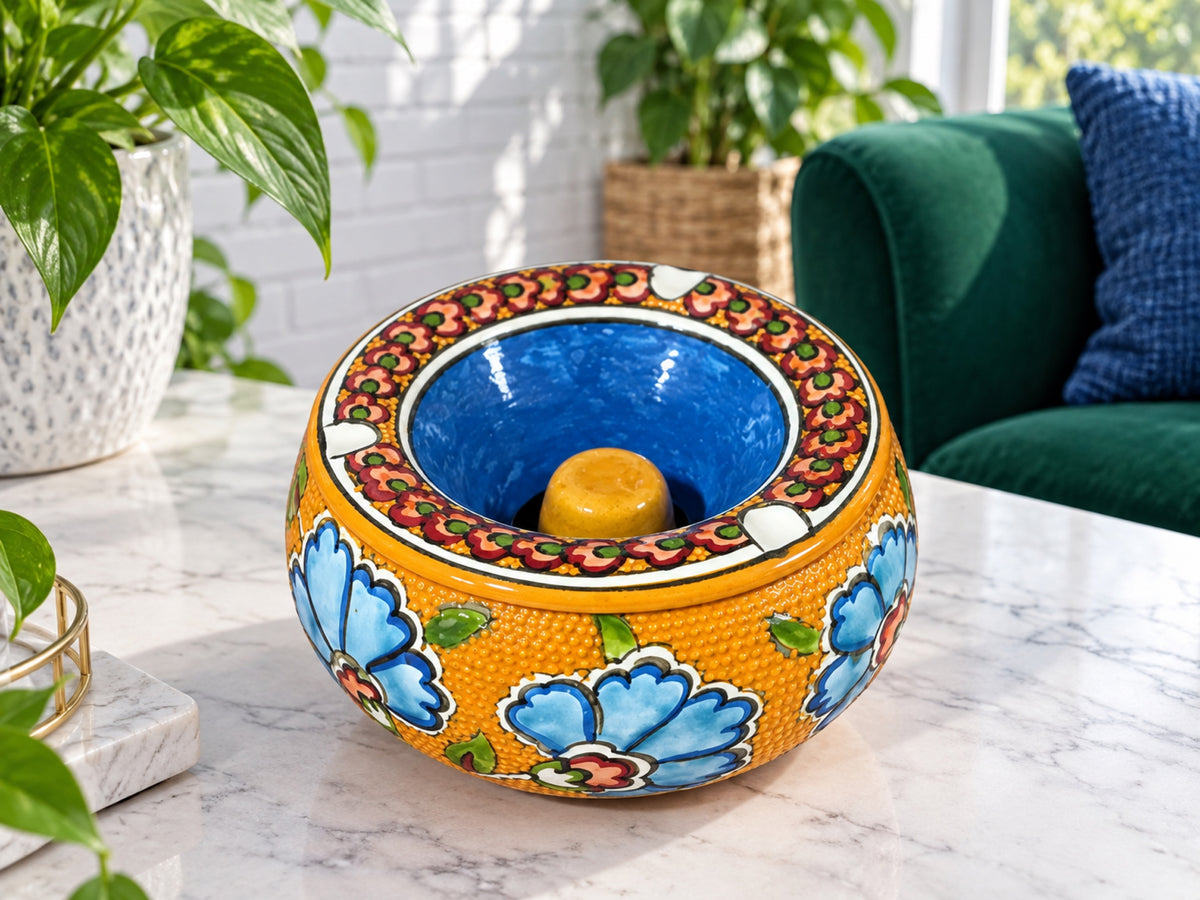 Handmade Ceramic Ashtray with Lid, 5 Inch Hand Painted Floral Outdoor Ashtray