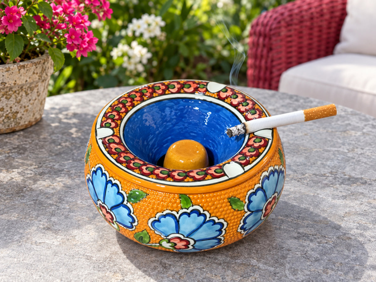 Handmade Ceramic Ashtray with Lid, 5 Inch Hand Painted Floral Outdoor Ashtray