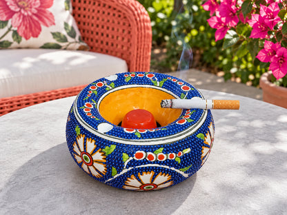 Handmade Ceramic Ashtray with Lid, 5 Inch Hand Painted Floral Outdoor Ashtray