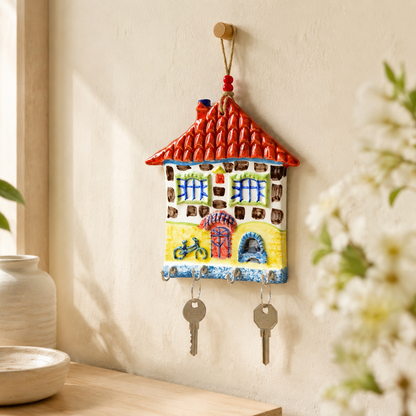 Red roof stone cottage ceramic key holder in a spring entryway