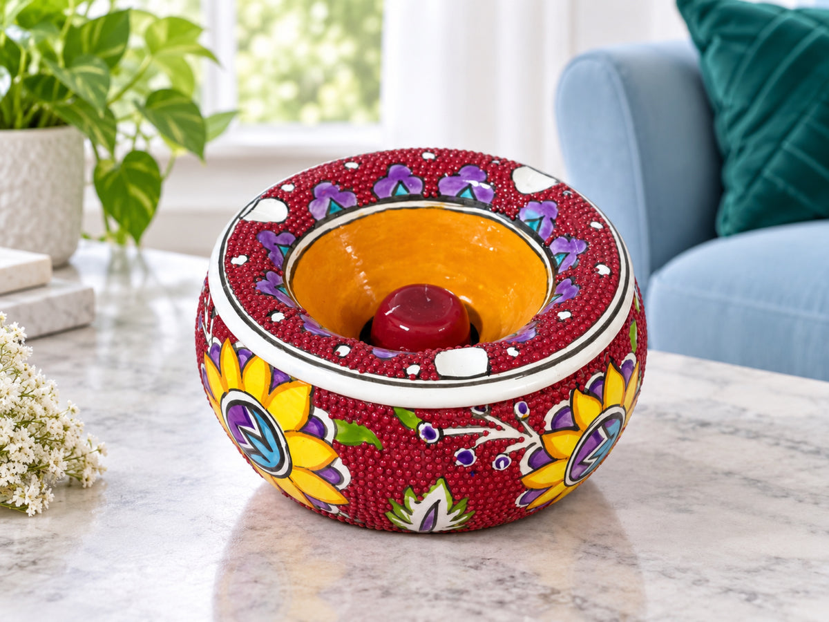 Handmade Ceramic Ashtray with Lid, 5 Inch Hand Painted Floral Outdoor Ashtray