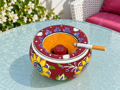 Handmade Ceramic Ashtray with Lid, 5 Inch Hand Painted Floral Outdoor Ashtray