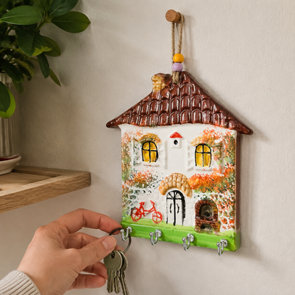 Red roof hand-painted ceramic wall key rack in a summer home