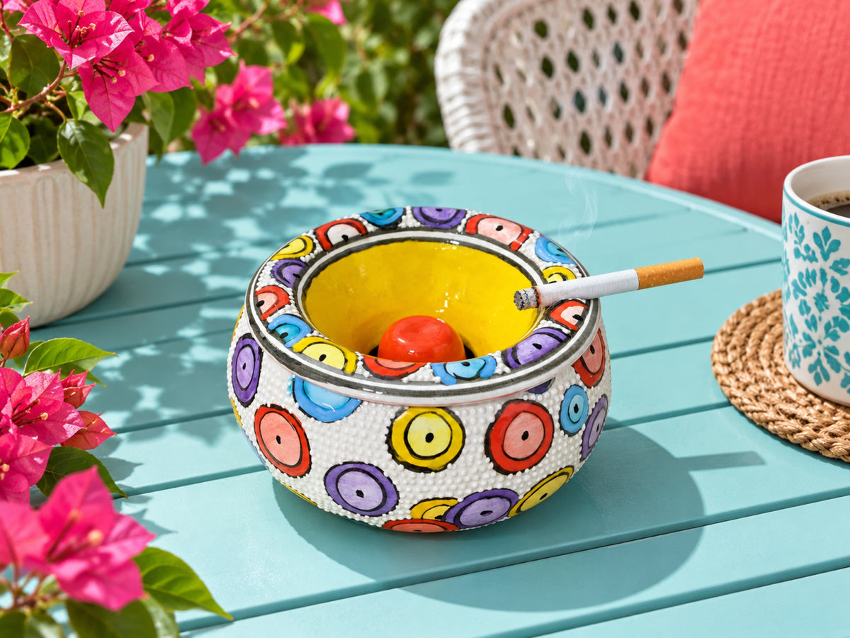 Handmade Ceramic Ashtray with Lid, 5 Inch Hand Painted Floral Outdoor Ashtray