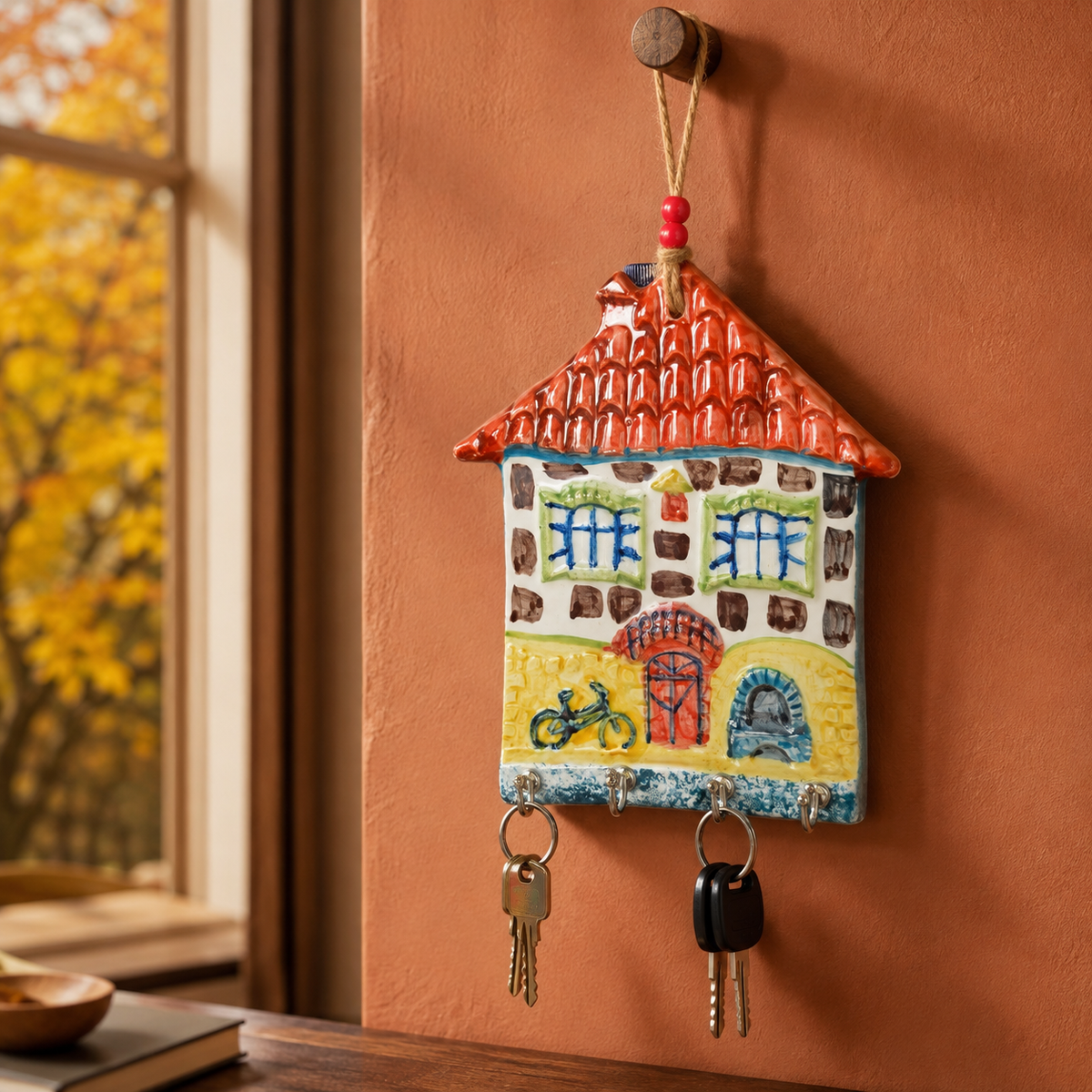 Red roof ceramic house key holder with autumn decor