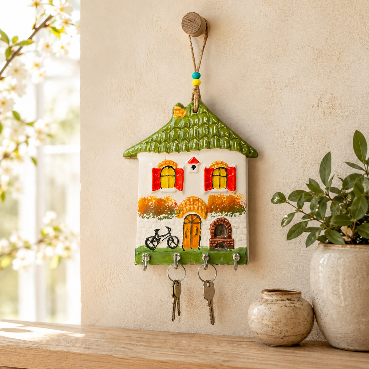 Olive green roof ceramic house key holder in a spring entryway