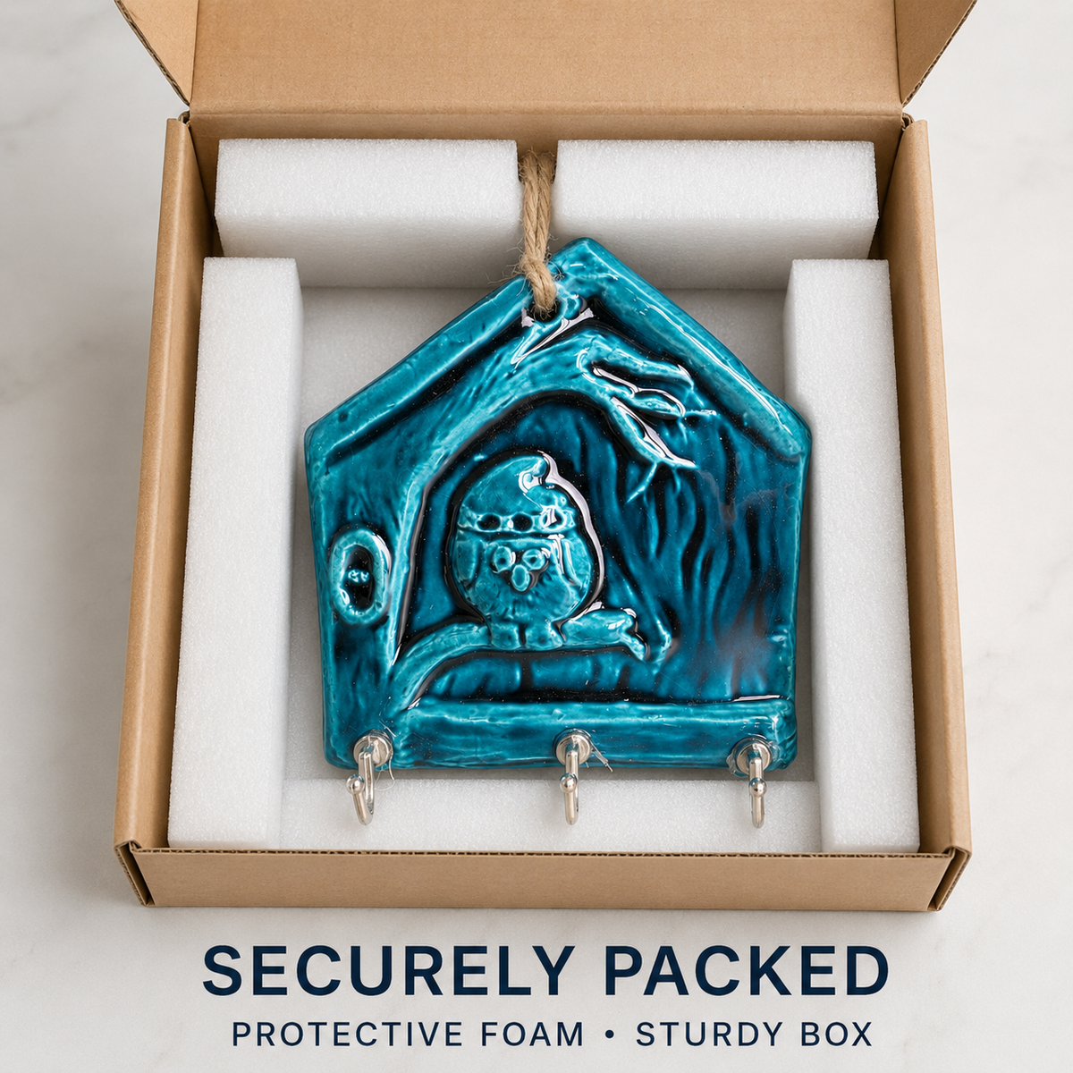 Handmade Ceramic House Key Holder for Wall, Turquoise Entryway Key Rack Housewarming Gift