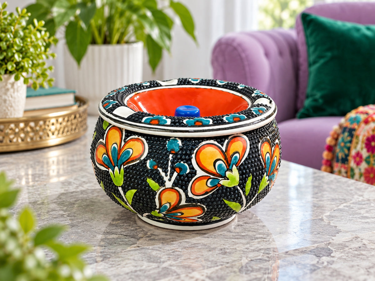Handmade Ceramic Ashtray with Lid, 5 Inch Hand Painted Floral Outdoor Ashtray