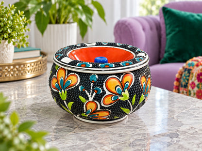 Handmade Ceramic Ashtray with Lid, 5 Inch Hand Painted Floral Outdoor Ashtray
