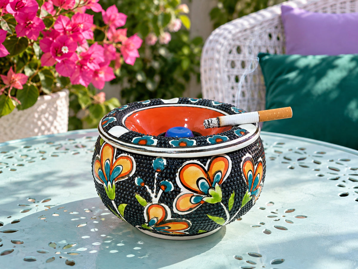 Handmade Ceramic Ashtray with Lid, 5 Inch Hand Painted Floral Outdoor Ashtray