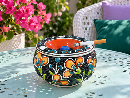 Handmade Ceramic Ashtray with Lid, 5 Inch Hand Painted Floral Outdoor Ashtray