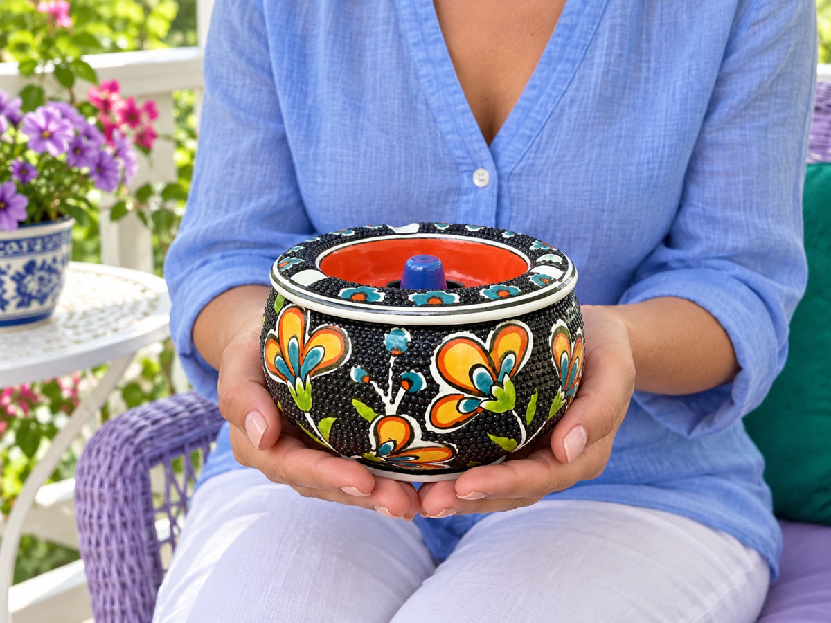 Handmade Ceramic Ashtray with Lid, 5 Inch Hand Painted Floral Outdoor Ashtray