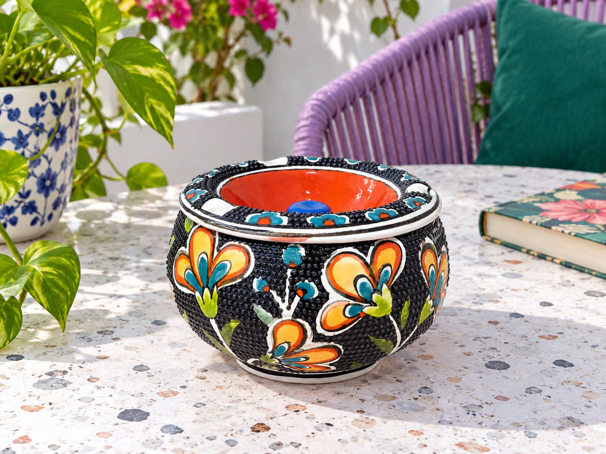 Handmade Ceramic Ashtray with Lid, 5 Inch Hand Painted Floral Outdoor Ashtray