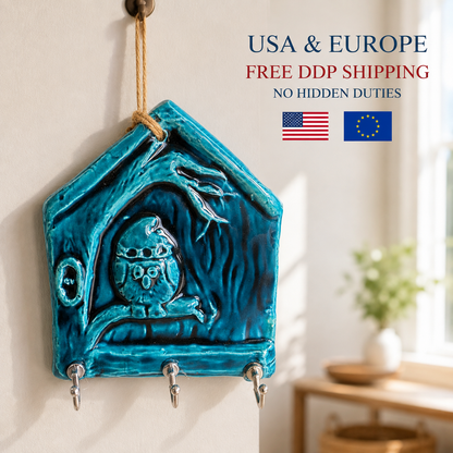 Handmade Ceramic House Key Holder for Wall, Turquoise Entryway Key Rack Housewarming Gift