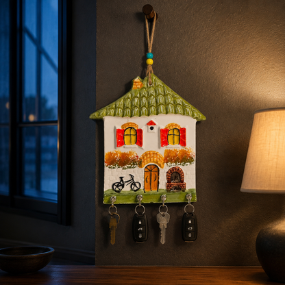 Olive green roof ceramic wall key organizer as evening home decor