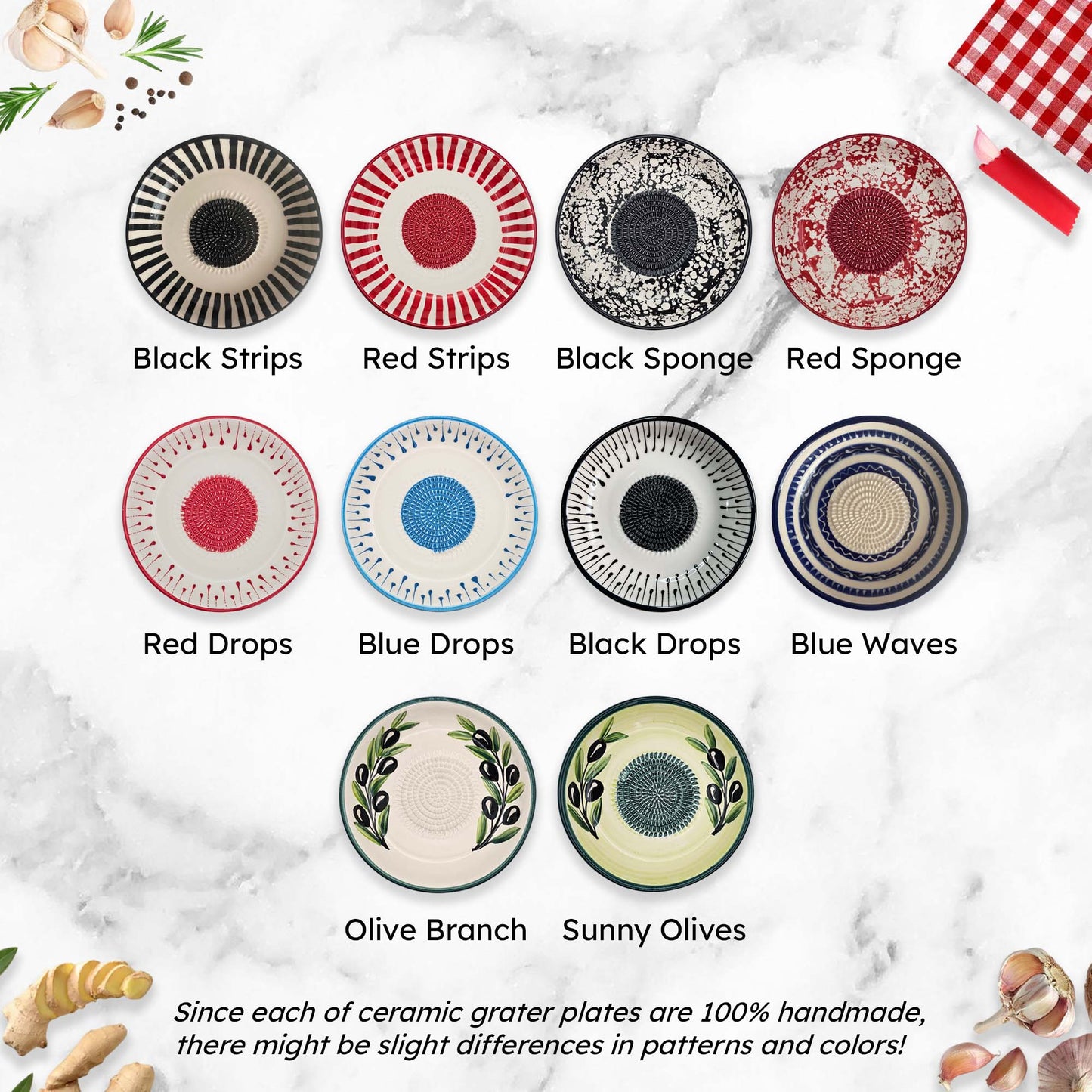 Collection of ceramic grater bowls with various patterns on a marble background