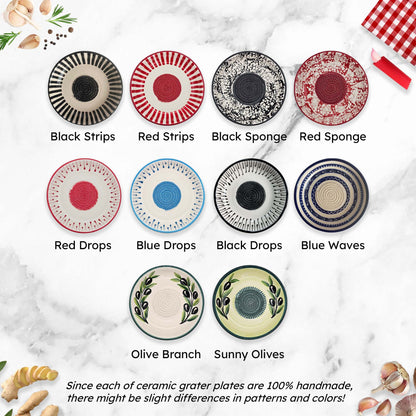 Collection of ceramic grater bowls with various patterns on a marble background