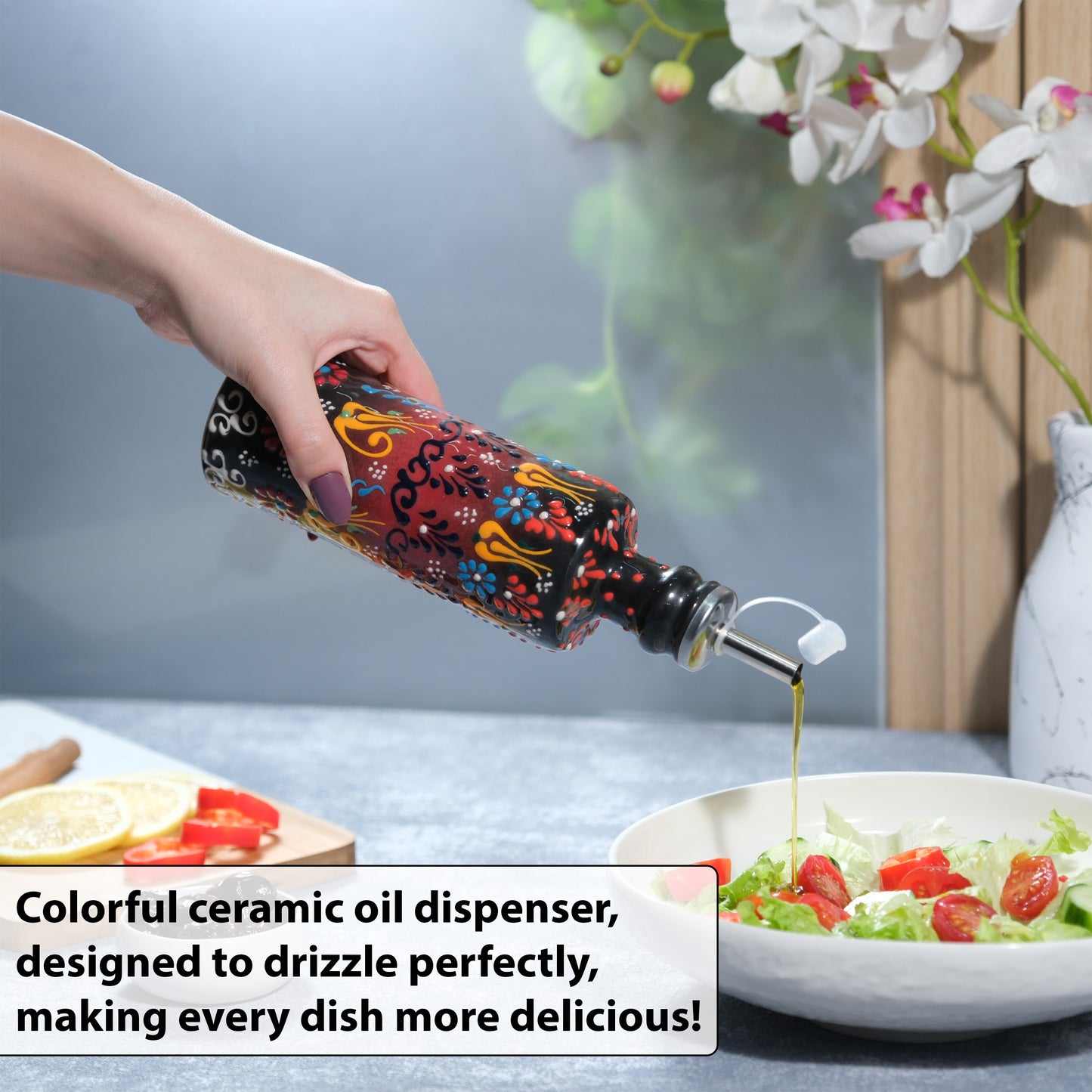 Ceramic Oil Dispenser, 7.5 Oz Olive Oil Dispener, Black Oil Bottle