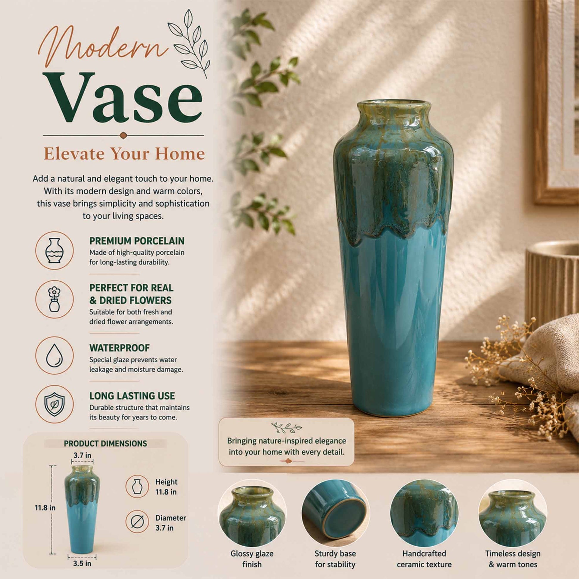 Teal vase on a wooden surface with product details and benefits listed.
