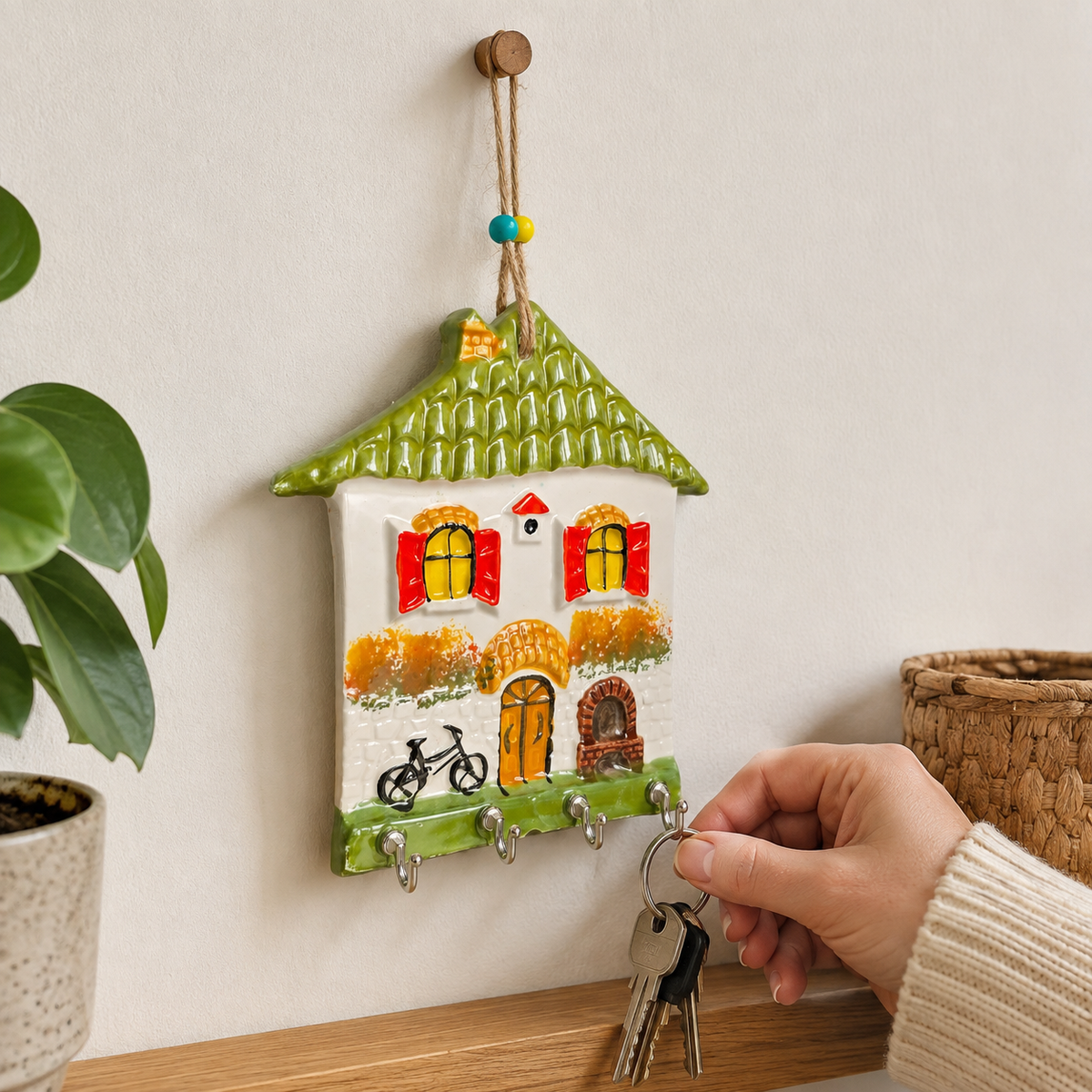 Olive green roof handmade ceramic key holder in use with keys on hooks