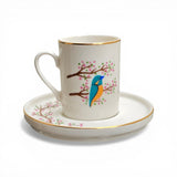 Gold Rim Porcelain Coffee Cup, Bird on Branch Espresso Cup & Saucer Set, 4 oz Demitasse Set