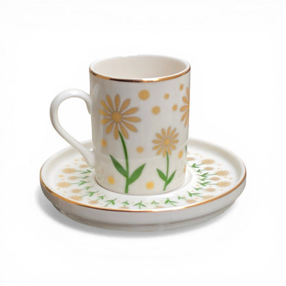 Porcelain cup and saucer with floral design on a white background