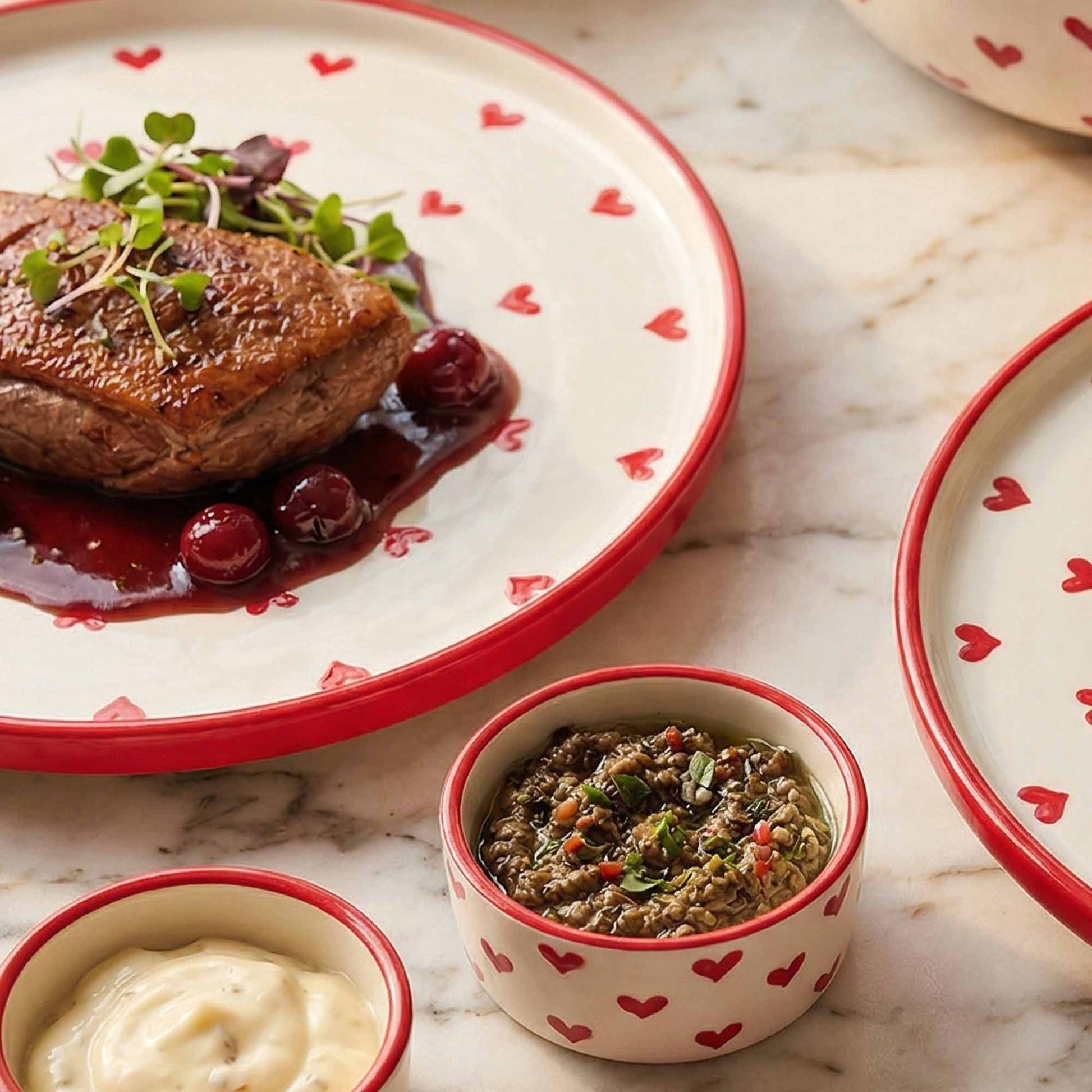 Dish of roasted duck with berry sauce on a plate with heart patterns, accompanied by side dishes on a marble surface.