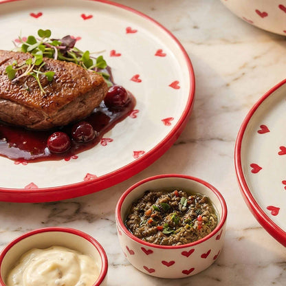 Dish of roasted duck with berry sauce on a plate with heart patterns, accompanied by side dishes on a marble surface.