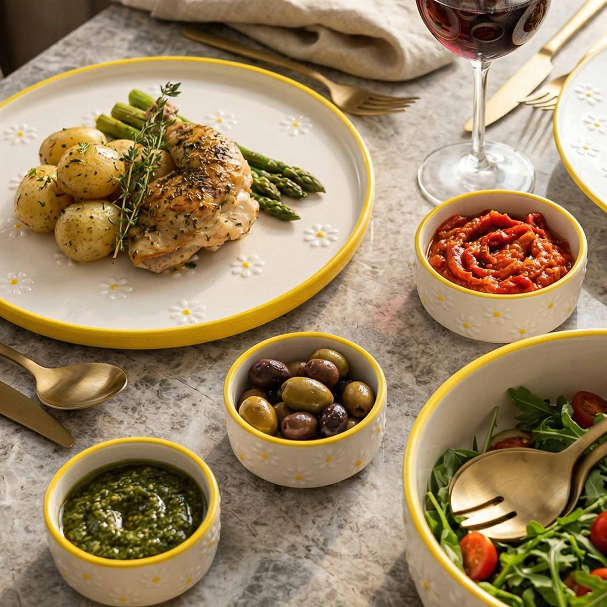Dinner table setting with plates, bowls, and a glass of red wine.