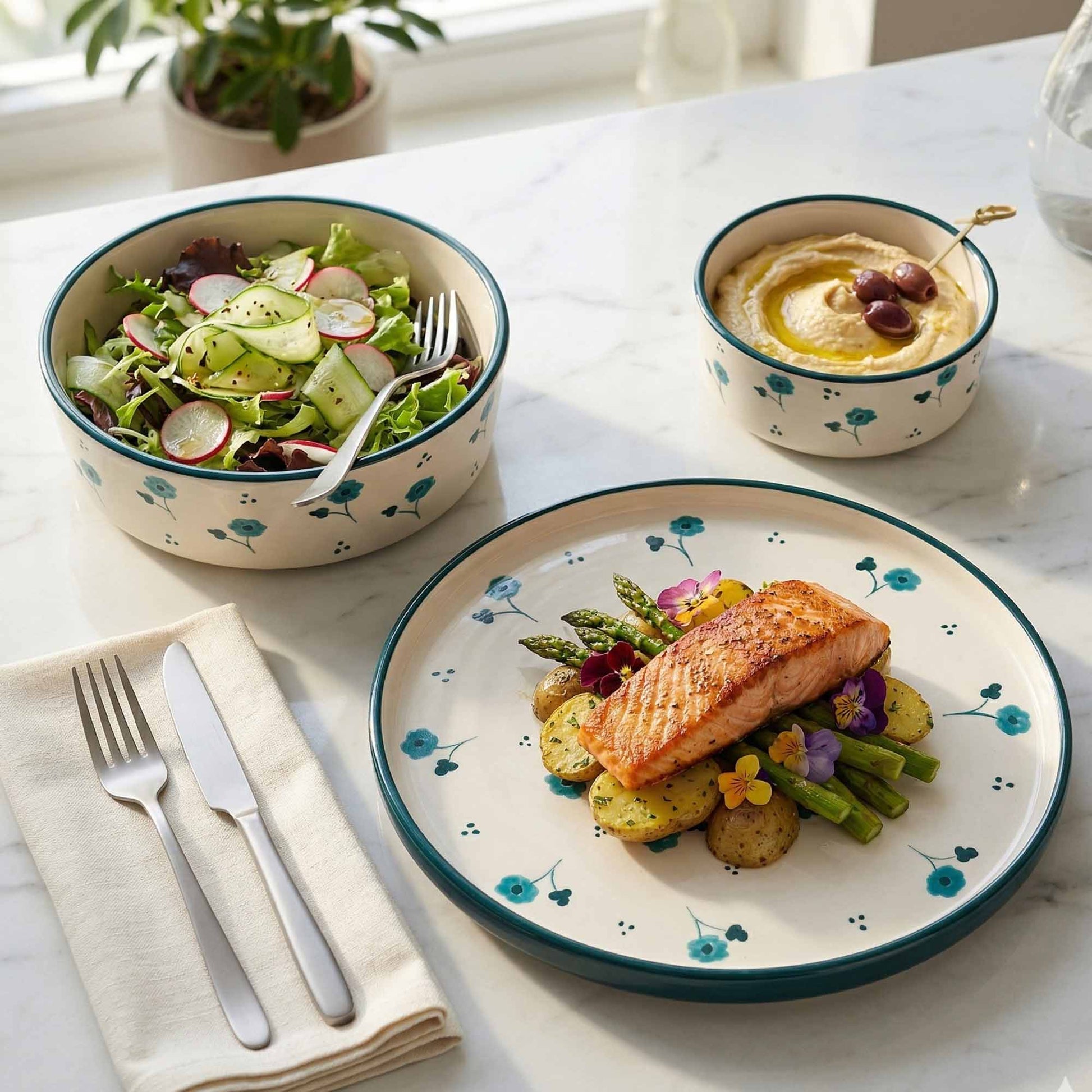 Dinner setting with a plate of salmon and vegetables, salad bowl, and hummus bowl on a marble table.