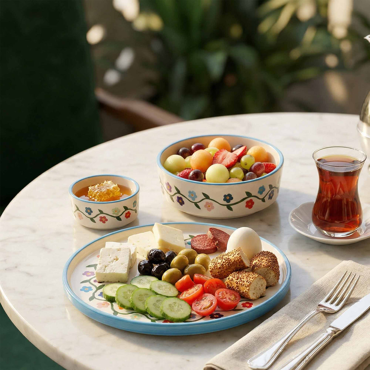 Table setting with a plate of food, bowl of fruit, and glass of tea on a marble table.